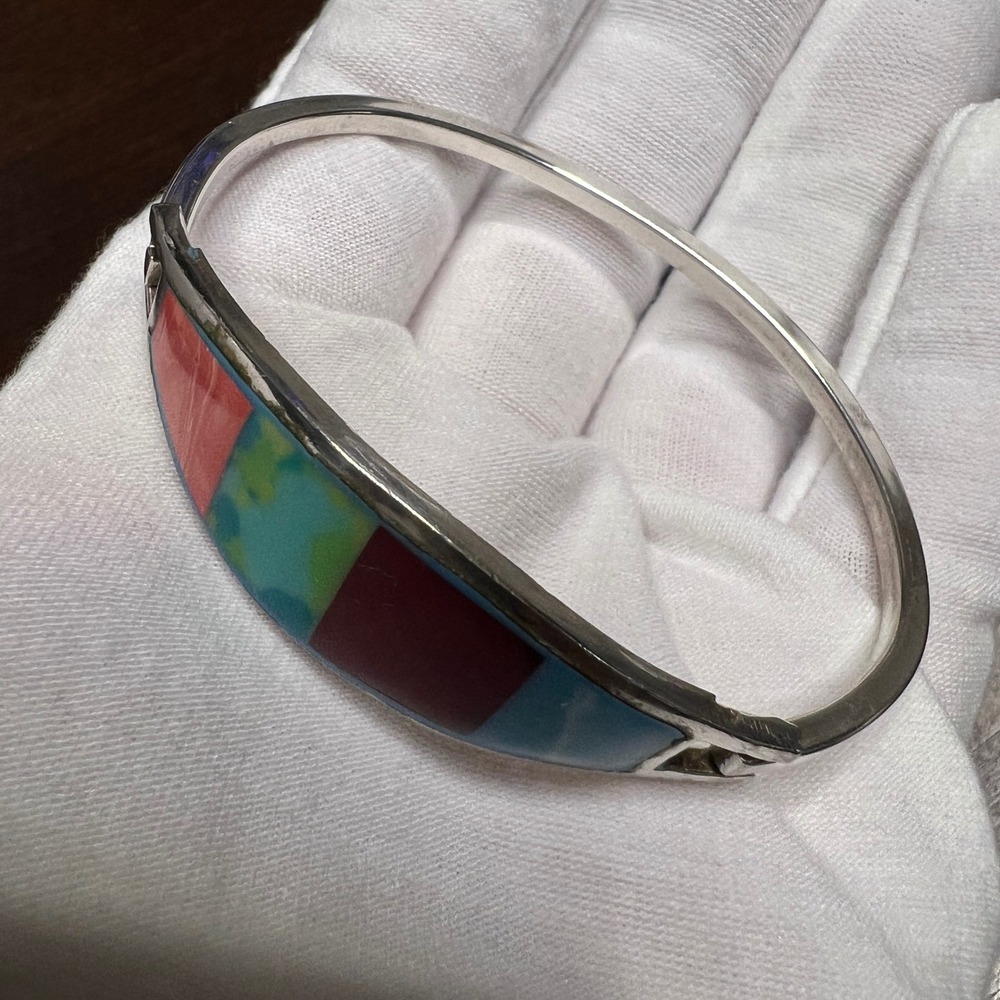 Vintage Alpaca Mexico Bangle Bracelet Multi Color Enamel Silver Tone 7.2 in - Picture 14 of 15